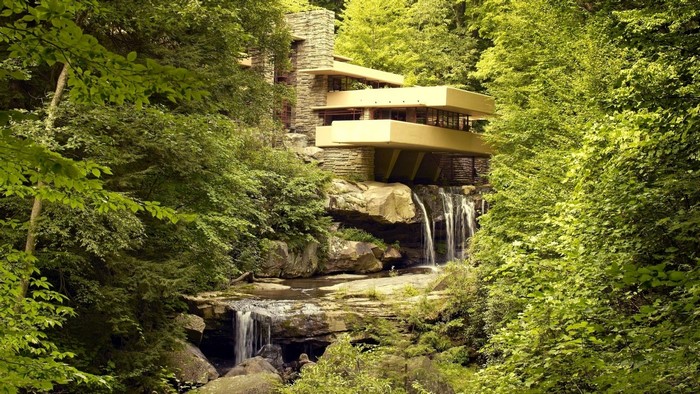 Fallingwater House by Frank Lloyd Wright with Waterfall