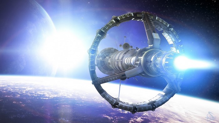 Space station orbiting Earth with bright sun