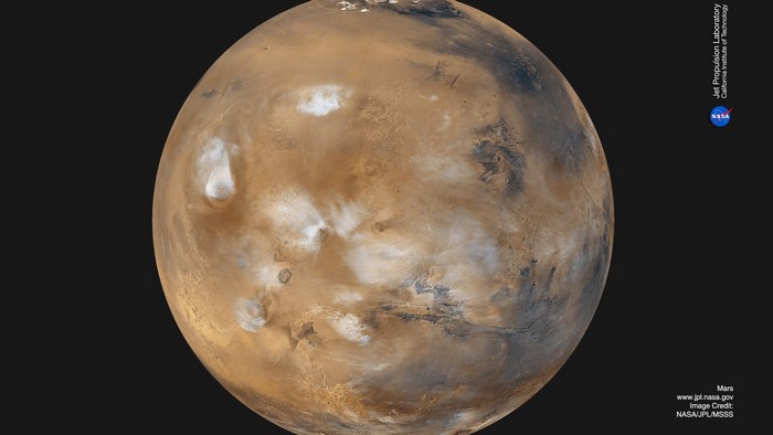 Mars with clouds and NASA logo