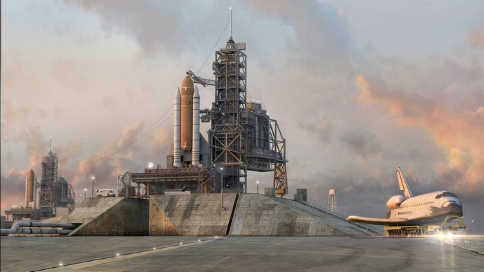 Space Shuttle Launch Pad with Space Shuttle and Rockets