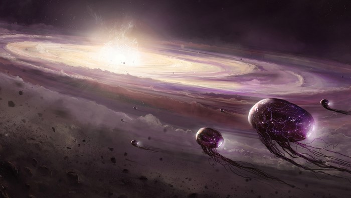 Alien jellyfish creatures in a cosmic nebula
