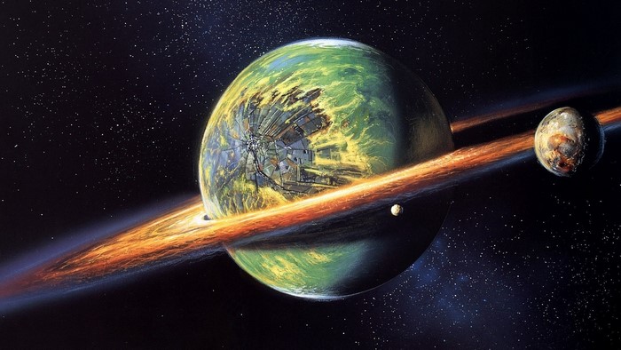 Ringed Planet with Artificial Structures and Moons