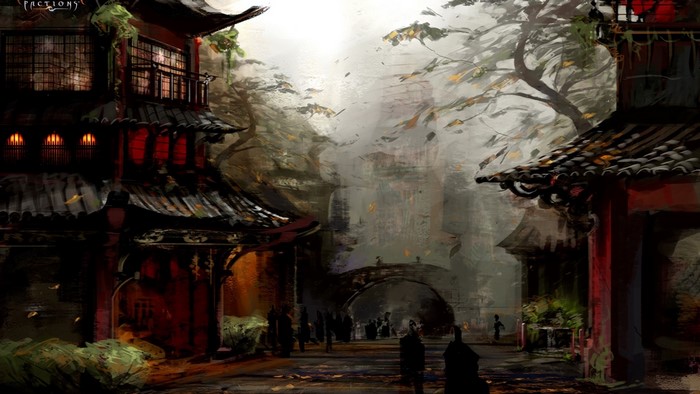 Oriental village with traditional architecture and trees