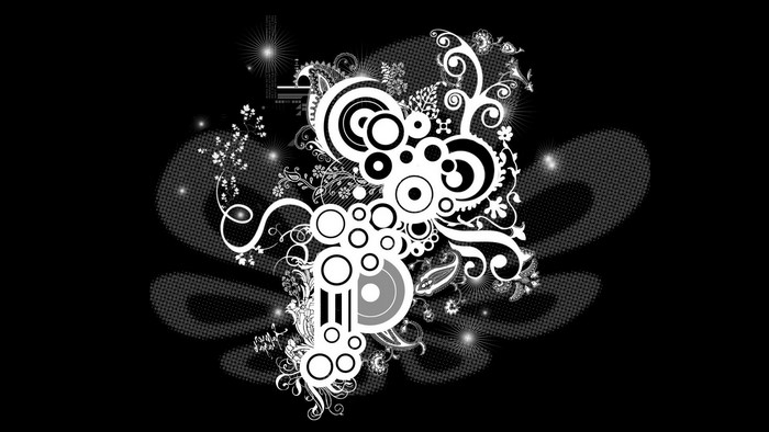 Black and white abstract retro design with circles and floral elements