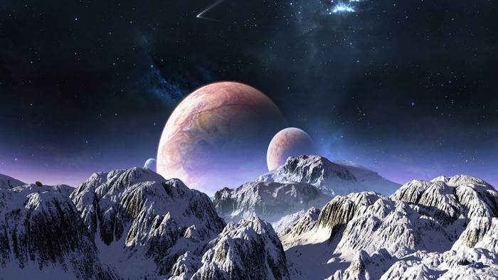 Deep Space Landscape with Planets and Mountains