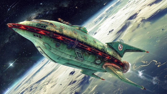 Planet Express spaceship flying over Earth