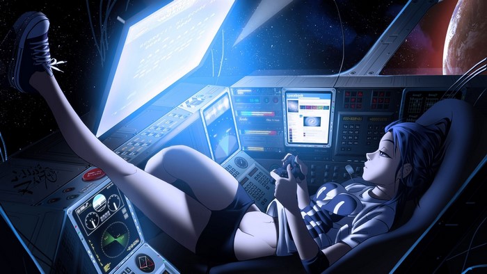 Girl playing video games in a spaceship cockpit