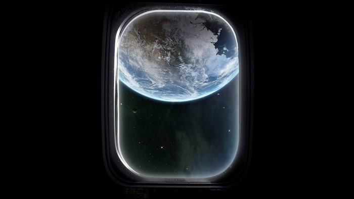 Earth viewed from a spaceship window
