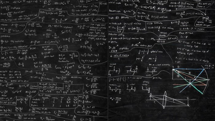 Chalkboard with Physics Formulas and Diagrams