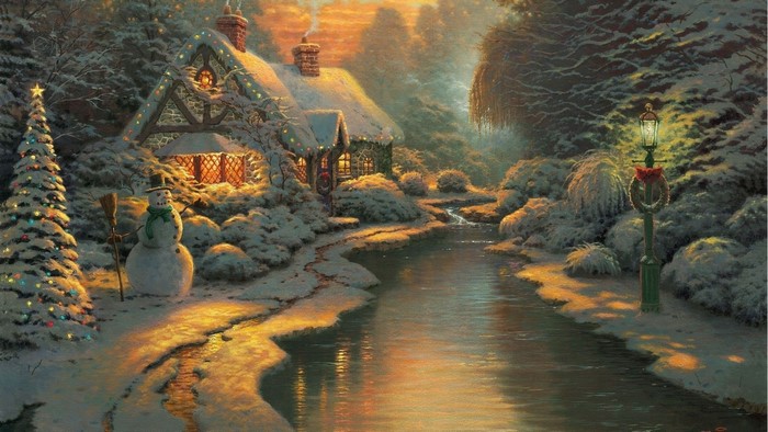 Christmas Cottage with Snowman and Stream