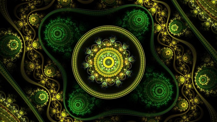 Abstract fractal art with green and yellow circular patterns