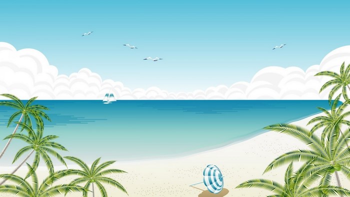 Beach scene with palm trees and sailboat