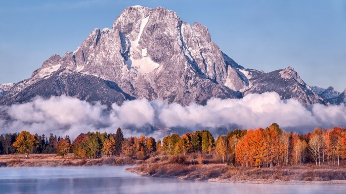Grand Teton National Park with Autumn Trees and Fog