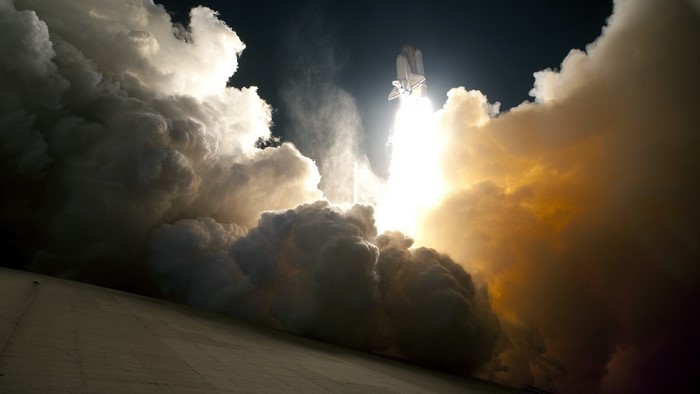 Space Shuttle Launch with Smoke Plumes