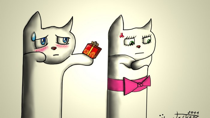 Two cats, one giving a gift to the other