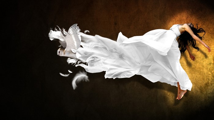 Woman in white dress with owl and feathers