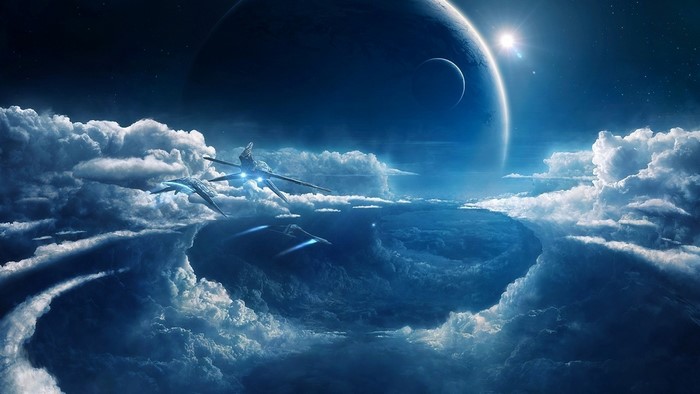 Sci Fi Space Art with Spaceships and Planets