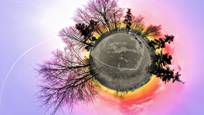 Tiny planet effect of trees and sky