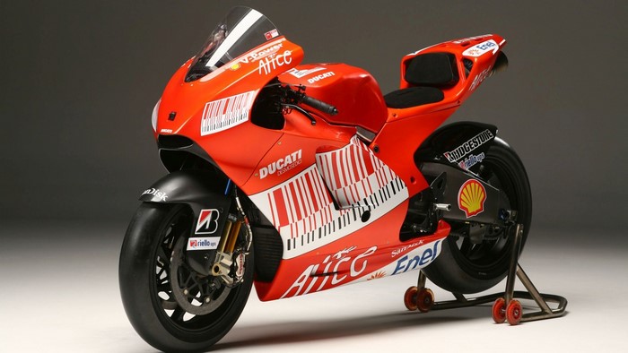 Red Ducati Racing Motorcycle with Barcode Livery