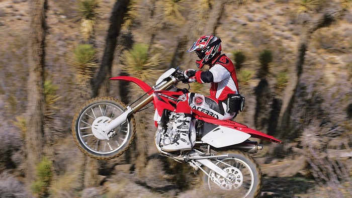 Dirt bike rider in desert landscape