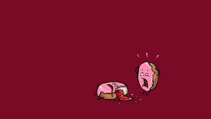 Two cartoon donuts, one is broken and spilling filling