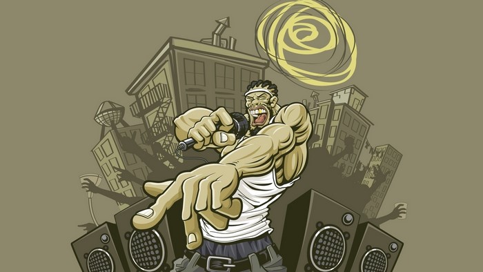 Rapper performing in front of city buildings and speakers