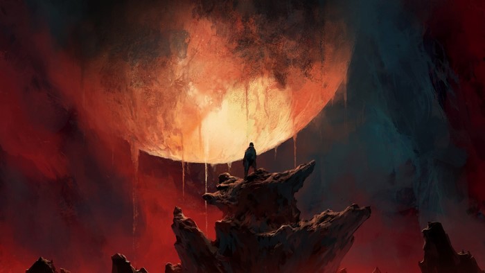 Figure on a rock under a melting red moon