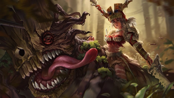 Woman in tribal attire fighting a tree monster