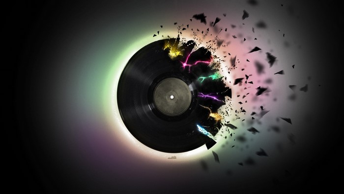 Shattered Vinyl Record with Colorful Lightning