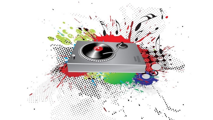 Turntable with abstract music notes and paint splatters