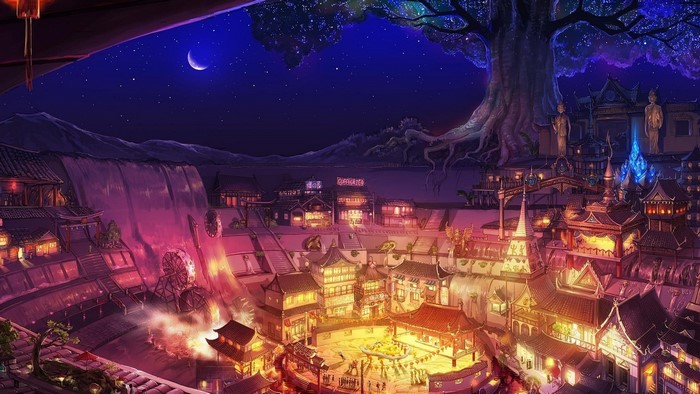 Fantasy Village Under a Starry Night Sky