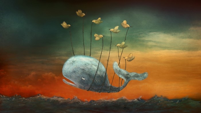 Whale with birds in a surreal sky