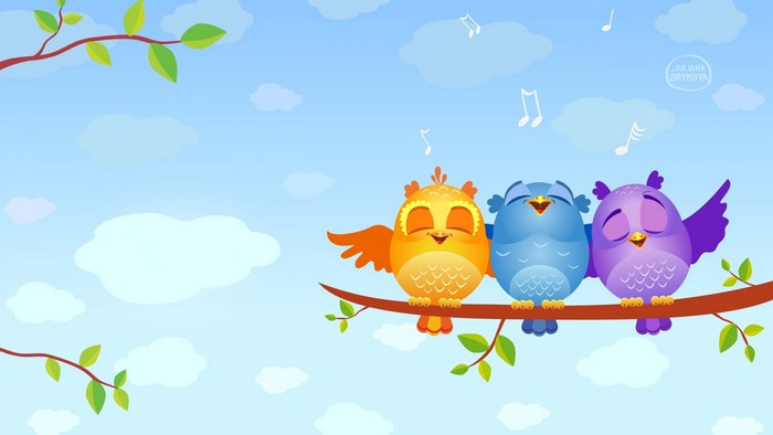 Three cartoon owls singing on a branch