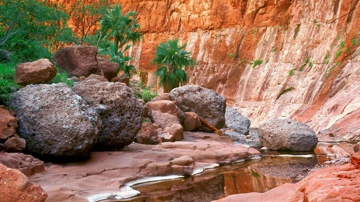 Canyon with river and red rock walls