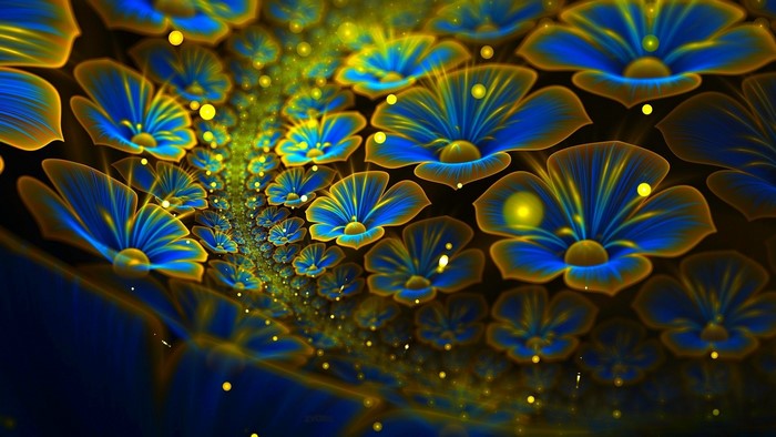 Abstract Blue and Gold Fractal Flowers