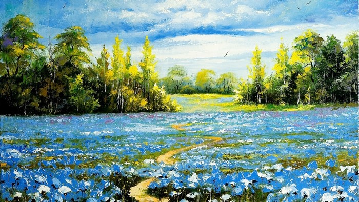 Oil painting of a field of blue flowers and trees