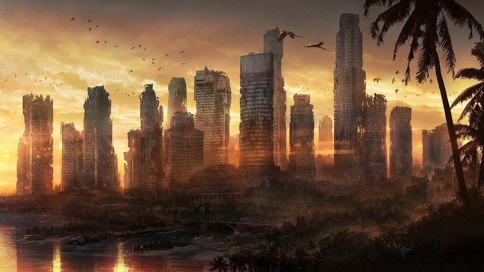 Apocalyptic cityscape with ruined skyscrapers at sunset