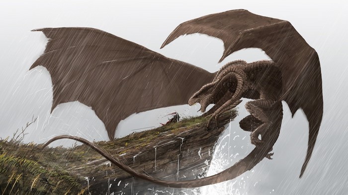 Dragon and warrior in the rain