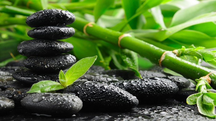 Bamboo and black stones with water droplets