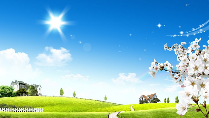 Bright Sun Over Rolling Green Hills with Houses and Cherry Blossoms
