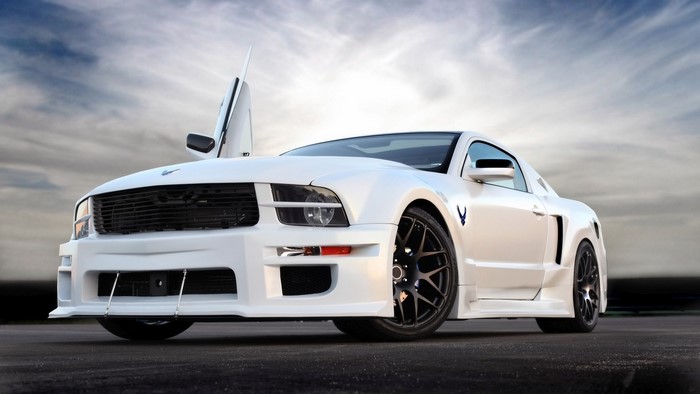 White Ford Mustang with Lambo Doors