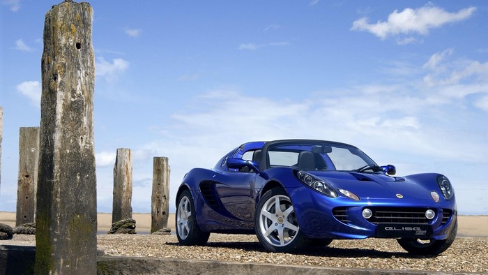 Blue Lotus Elise S on a beach with wooden posts