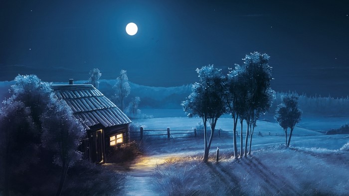 A cabin under a full moon at night