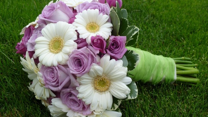 Gerbera and Rose Bouquet on Grass