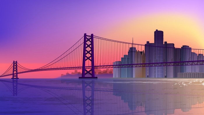 Cityscape with suspension bridge at sunset