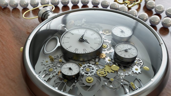 Pocket watch with multiple clock faces and gears