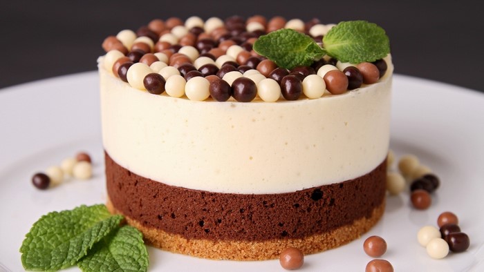 Chocolate Mousse Cake with Chocolate Balls and Mint
