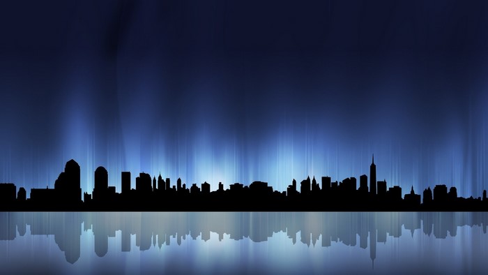Cityscape Silhouette with Blue Aurora Reflection