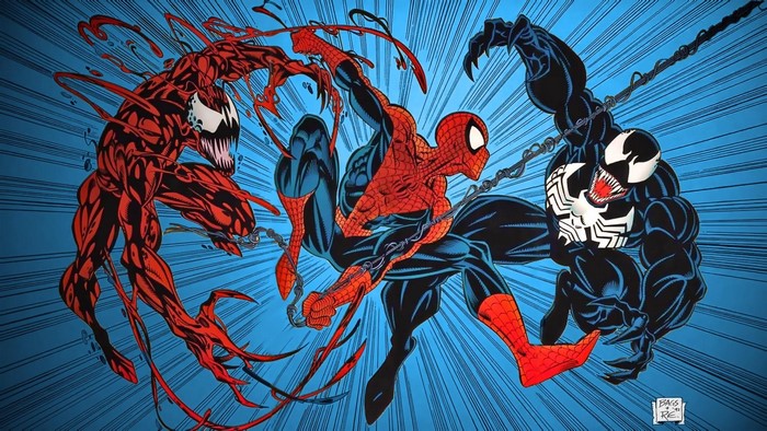 Spider-Man, Venom, and Carnage in battle