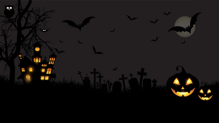 Halloween graveyard with haunted castle, bats, and pumpkins